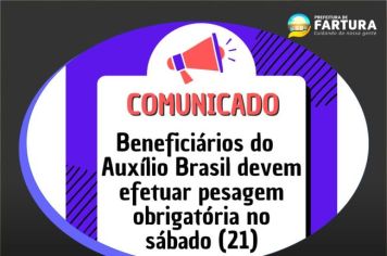 Beneficiários do Programa Auxílio Brasil, antigo Bolsa Família, devem efetuar pesagem obrigatória no sábado (21)