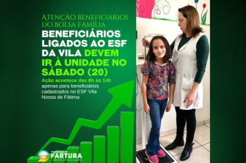 Beneficiários do Bolsa Família ligados ao ESF da Vila devem ir à pesagem obrigatória no sábado (20)